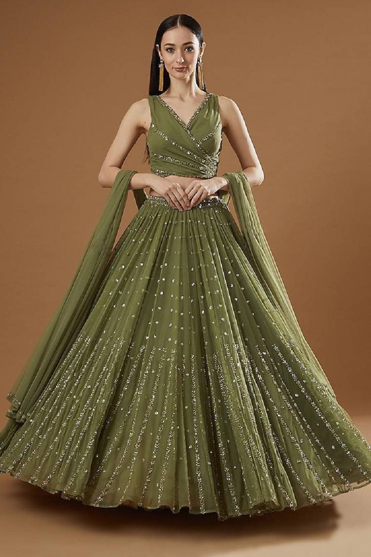 Green Georgette Lehenga Choli with Sequin & Zari Embroidery Work and Matching Dupatta