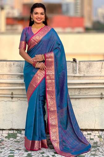 Dark blue contrast woven zari floral border & pallu work  silk blend  