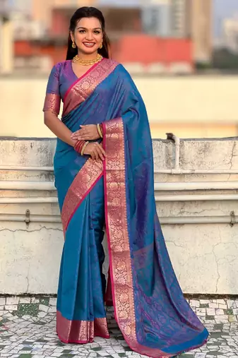 Dark blue contrast woven zari floral border & pallu work  silk blend  