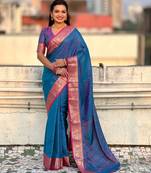 Dark blue contrast woven zari floral border & pallu work  silk blend  