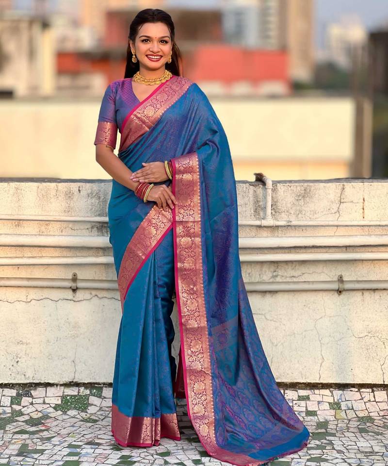 Dark blue contrast woven zari floral border & pallu work  silk blend  