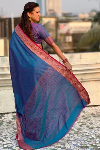 Dark blue contrast woven zari floral border & pallu work  silk blend  