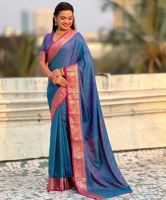 Dark blue contrast woven zari floral border & pallu work  silk blend   3