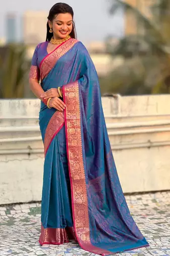 Dark blue contrast woven zari floral border & pallu work  silk blend  