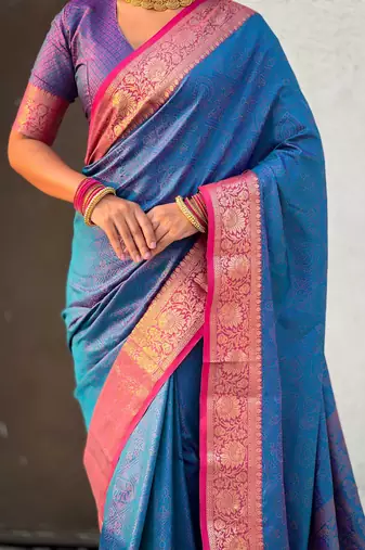 Dark blue contrast woven zari floral border & pallu work  silk blend  