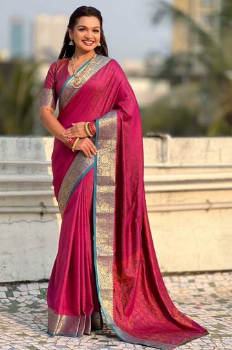 Pink contrast woven zari floral border & pallu work  silk blend  