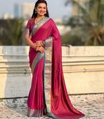 Pink contrast woven zari floral border & pallu work  silk blend  