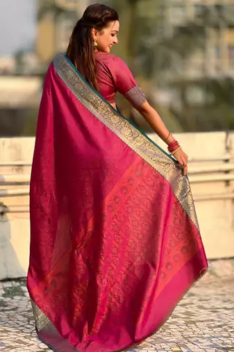 Pink contrast woven zari floral border & pallu work  silk blend  