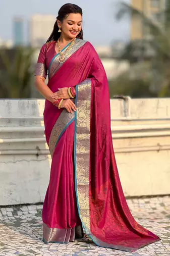 Pink contrast woven zari floral border & pallu work  silk blend  