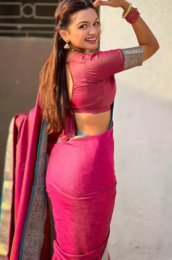 Pink contrast woven zari floral border & pallu work  silk blend  