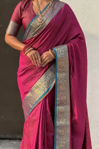 Pink contrast woven zari floral border & pallu work  silk blend  