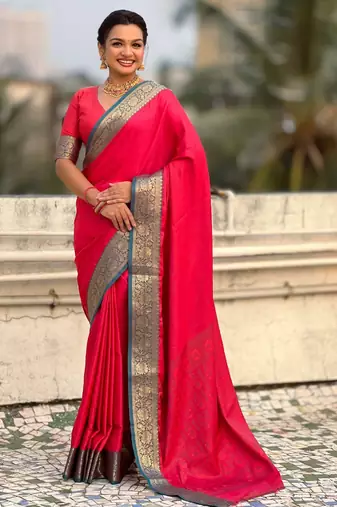 Red contrast woven zari floral border & pallu work  silk blend  
