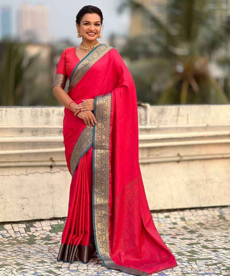 Red contrast woven zari floral border & pallu work  silk blend  