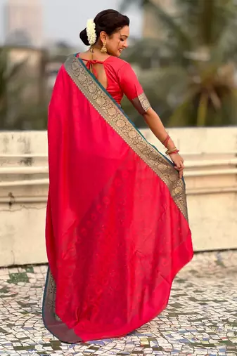 Red contrast woven zari floral border & pallu work  silk blend  