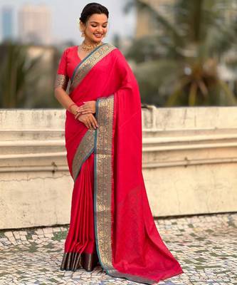 Red contrast woven zari floral border & pallu work  silk blend   3