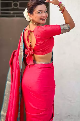 Red contrast woven zari floral border & pallu work  silk blend  