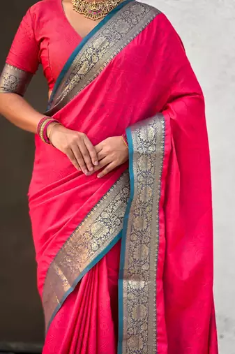 Red contrast woven zari floral border & pallu work  silk blend  