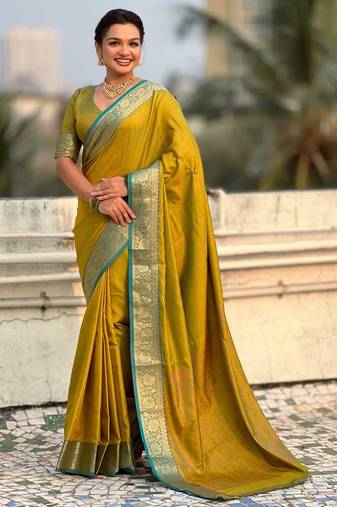 Antique gold contrast woven zari floral border & pallu work  silk blend  