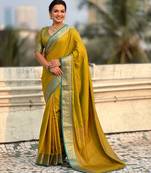 Antique gold contrast woven zari floral border & pallu work  silk blend  