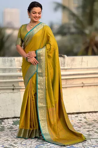 Antique gold contrast woven zari floral border & pallu work  silk blend  