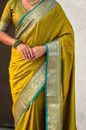 Antique gold contrast woven zari floral border & pallu work  silk blend  