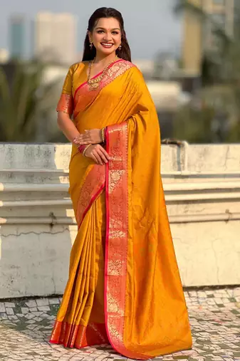 Mustard contrast woven zari floral border & pallu work  silk blend  