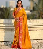 Mustard contrast woven zari floral border & pallu work  silk blend  