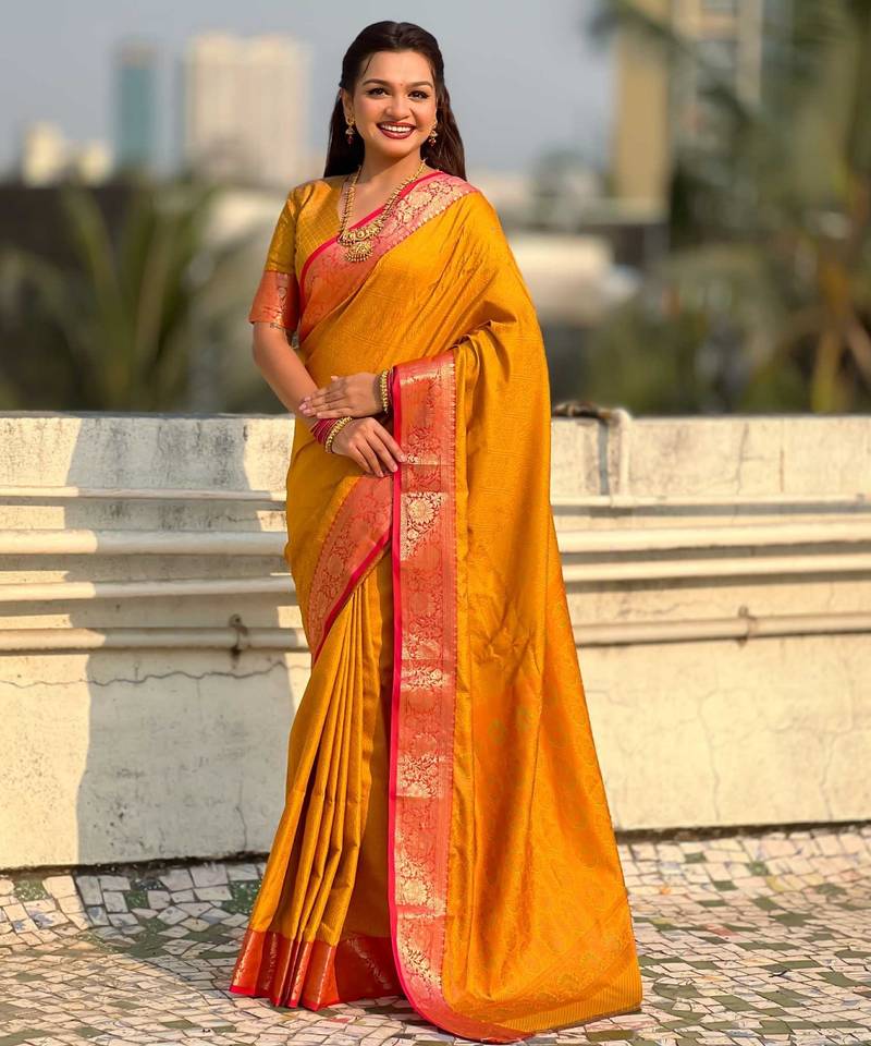 Mustard contrast woven zari floral border & pallu work  silk blend  