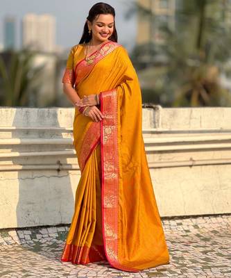 Mustard contrast woven zari floral border & pallu work  silk blend   3