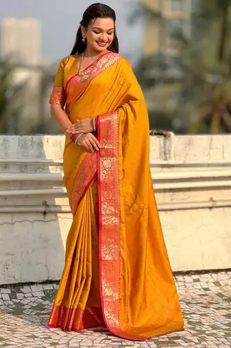 Mustard contrast woven zari floral border & pallu work  silk blend  