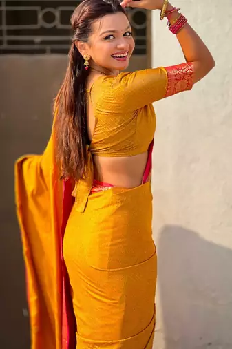 Mustard contrast woven zari floral border & pallu work  silk blend  