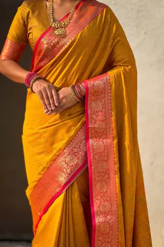 Mustard contrast woven zari floral border & pallu work  silk blend  
