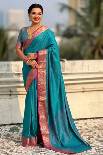 Teal contrast woven zari floral border & pallu work  silk blend  