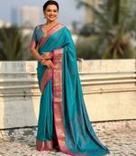 Teal contrast woven zari floral border & pallu work  silk blend  