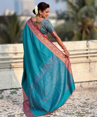 Teal contrast woven zari floral border & pallu work  silk blend   2