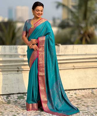 Teal contrast woven zari floral border & pallu work  silk blend   3