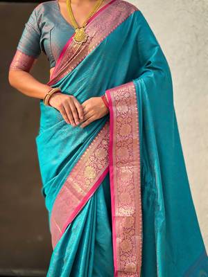 Teal contrast woven zari floral border & pallu work  silk blend   5