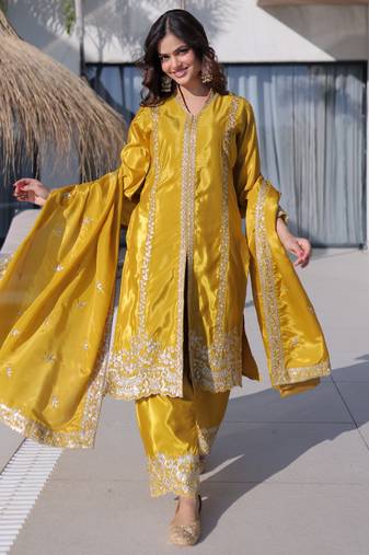 Yellow color silk fabric jari and sequance embroidery work heavy ceremonial attire