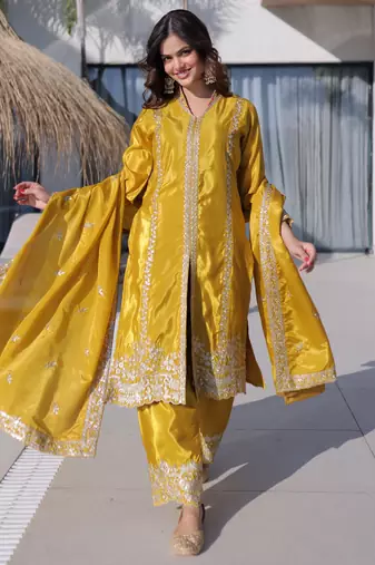 Yellow color silk fabric jari and sequance embroidery work heavy ceremonial attire