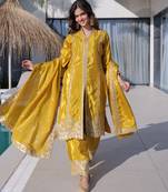 Yellow color silk fabric jari and sequance embroidery work heavy ceremonial attire