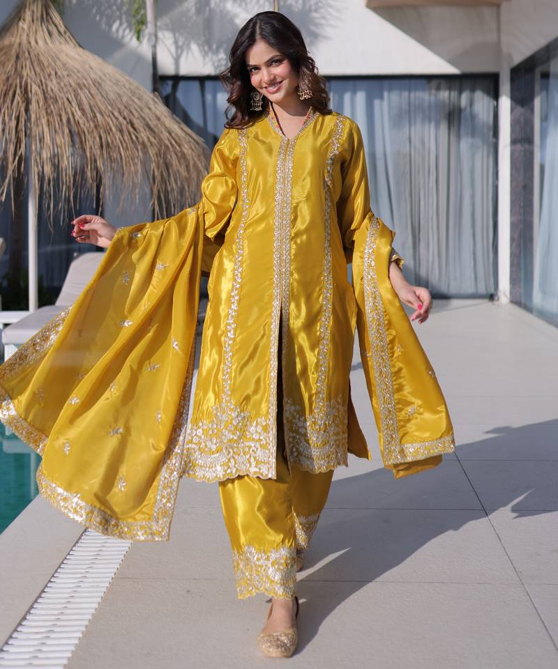 Yellow color silk fabric jari and sequance embroidery work heavy ceremonial attire