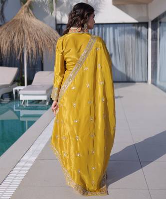 Yellow color silk fabric jari and sequance embroidery work heavy ceremonial attire 2