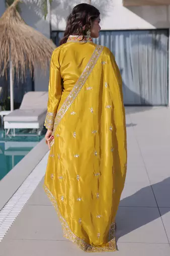 Yellow color silk fabric jari and sequance embroidery work heavy ceremonial attire