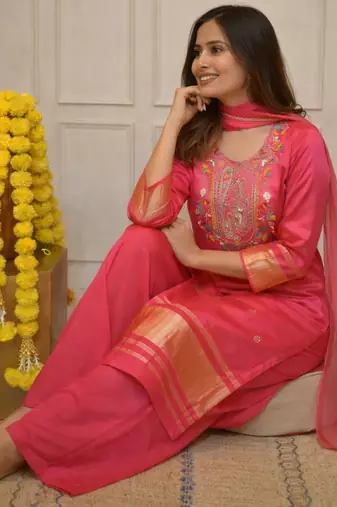 Pink color viscoce stylish fancy kurta set for girls