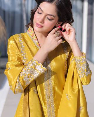 Yellow color silk fabric jari and sequance embroidery work heavy ceremonial attire 3