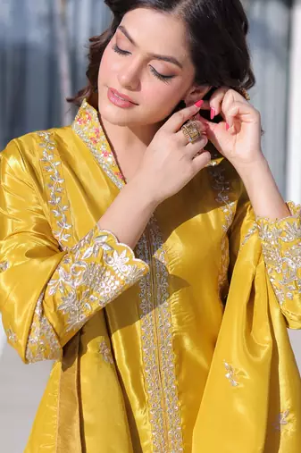 Yellow color silk fabric jari and sequance embroidery work heavy ceremonial attire