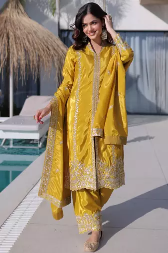 Yellow color silk fabric jari and sequance embroidery work heavy ceremonial attire