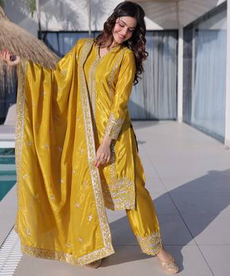 Yellow color silk fabric jari and sequance embroidery work heavy ceremonial attire 5