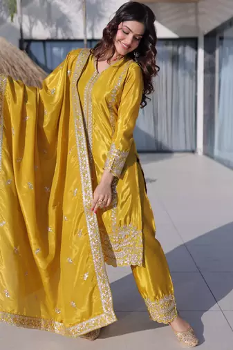 Yellow color silk fabric jari and sequance embroidery work heavy ceremonial attire