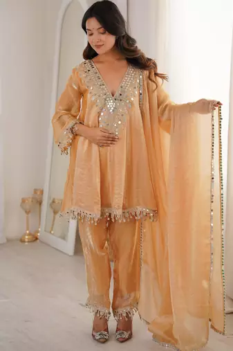 Chiku color fendy crush fabric mirror and coding embroidery work heavy ceremonial attire